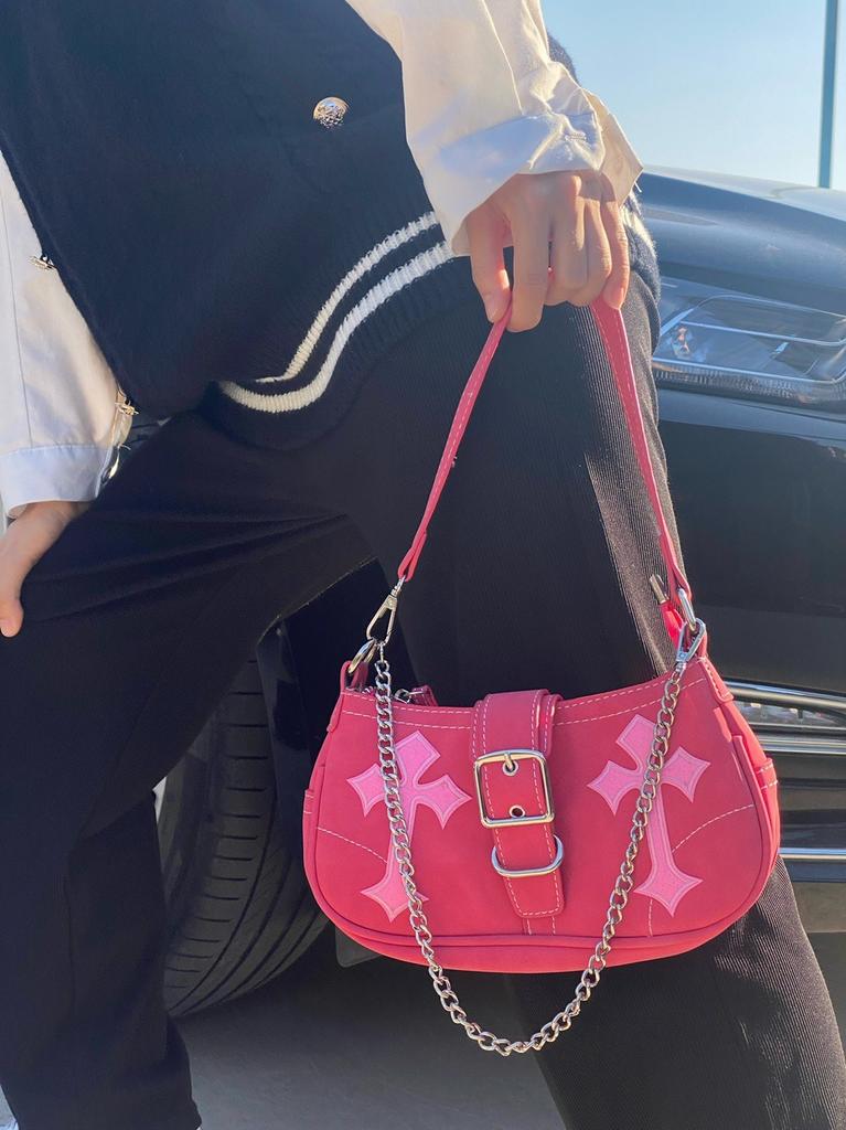 Y2K Sweet Cool Women's Underarm Bag Hot Girls Pink Shoulder Bags Messenger Bag Retro Design Female Chain Purse Armpit Handbags