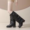 Automne Hiver Vintage Talon Épais Bottes Hautes aux Genoux pour Femmes Bottines Longues pour Dames Boucle de Ceinture Knight