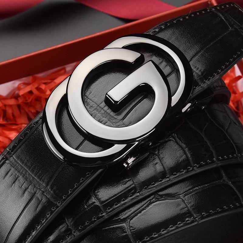Male Alligator Pattern Leather Belt Imitation Steel Alloy Large G Letter Automatic Buckle, Light Luxury
