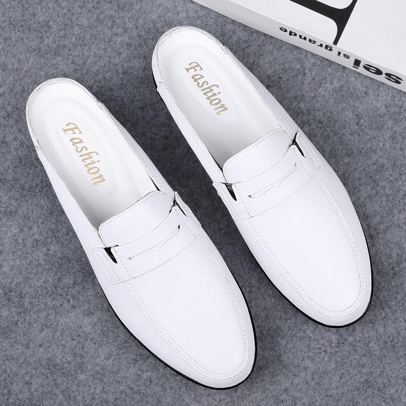 White Half Shoes For Men Mules Loafers Slippers Leather Flats Semi Drag Casual Shoes Summer Backless Driving Shoes Male Slides
