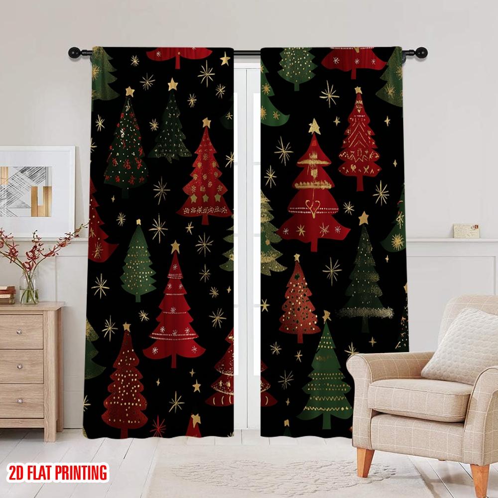2Pcs,2D Plane Printing Creative Curtains Christmas Trees Snowflakes Ornaments_C (3) Polyester Easy Install (Without Rod) Holiday