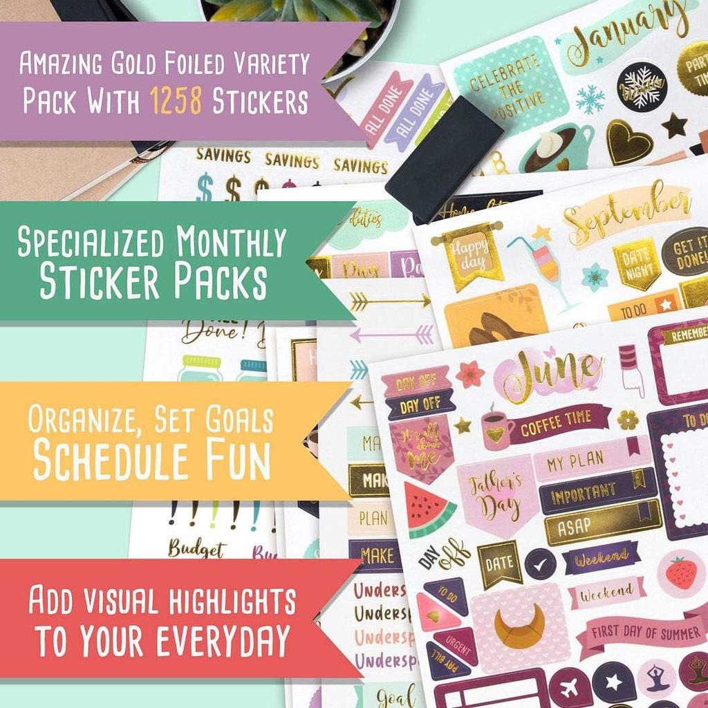 Aesthetic Gold Foil Planner Stickers - 1250+ Stunning Design Accessories Enhance and Streamline Your Planner, Journal and Calendar