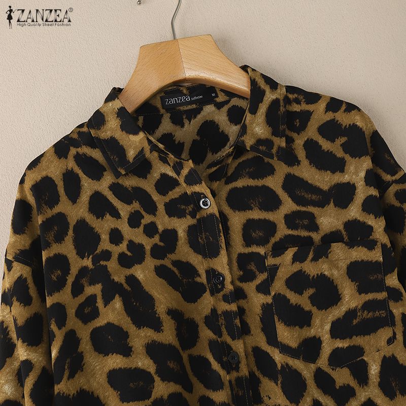 ZANZEA Damen Locker Lässige Leopard-Print Langarmbluse