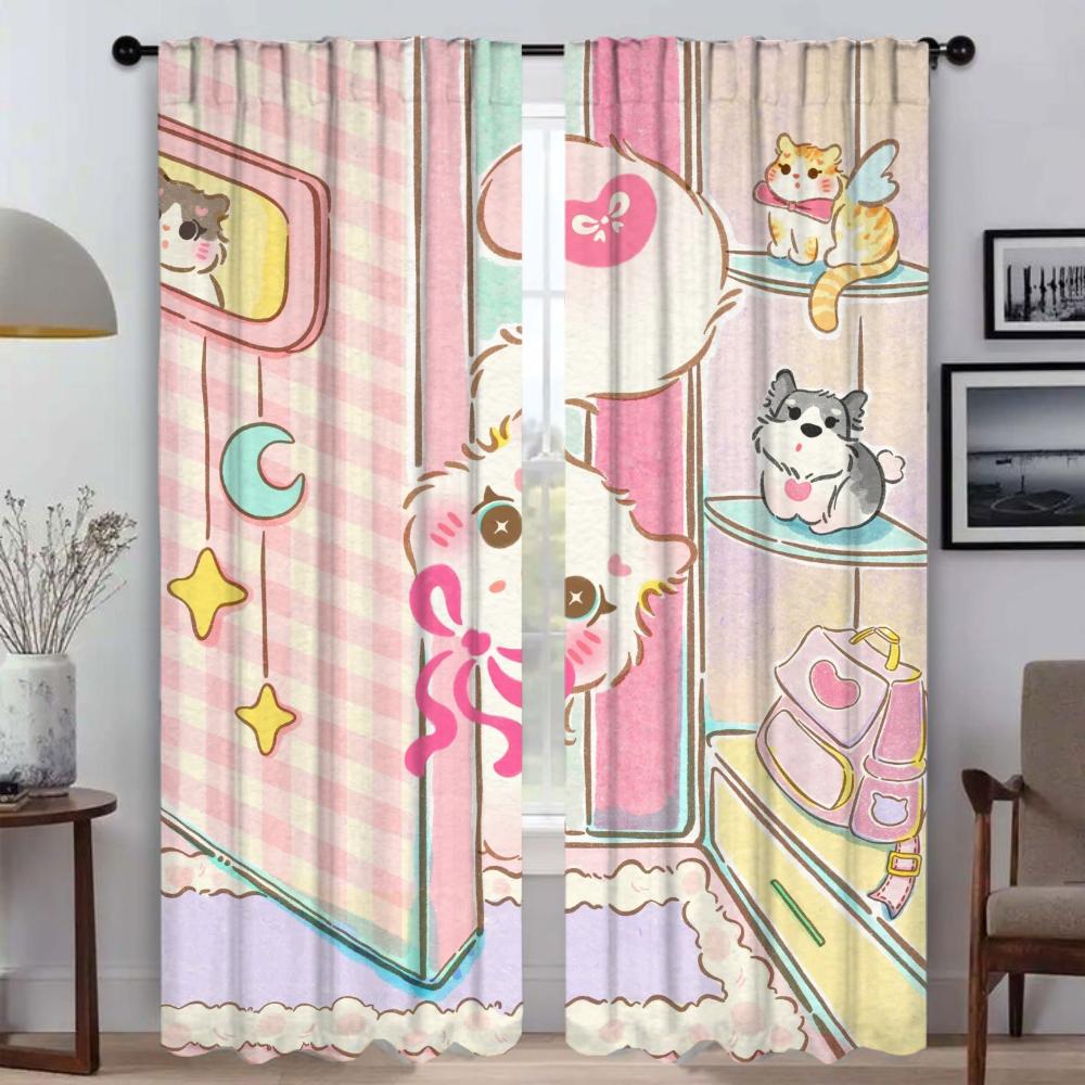 Pink Cat Shades Curtains Child Room Tulle for Bedroom Blackout Curtain Home Interior Curtains 2 Pieces Partition Living Kitchen