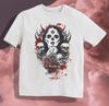 Day of the Dead Skull Queen T-Shirt – Gothic Design with Red Splatter, Skulls, and Roses for a Bold, Haunting, and Fierce Statement