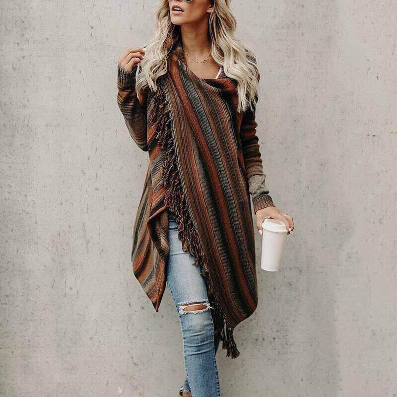 Europäischer & Amerikanischer Mittellanger Schlanker Modischer Quasten-Streifen Cardigan Pullover für Damen