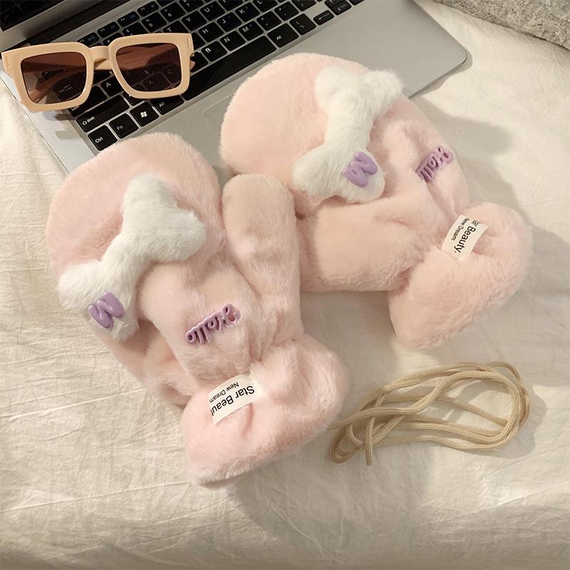 Cute Warm Plush Thickened Gloves Winter Ski Riding Windproof and Cold Cartoon Neck Five-finger Gloves