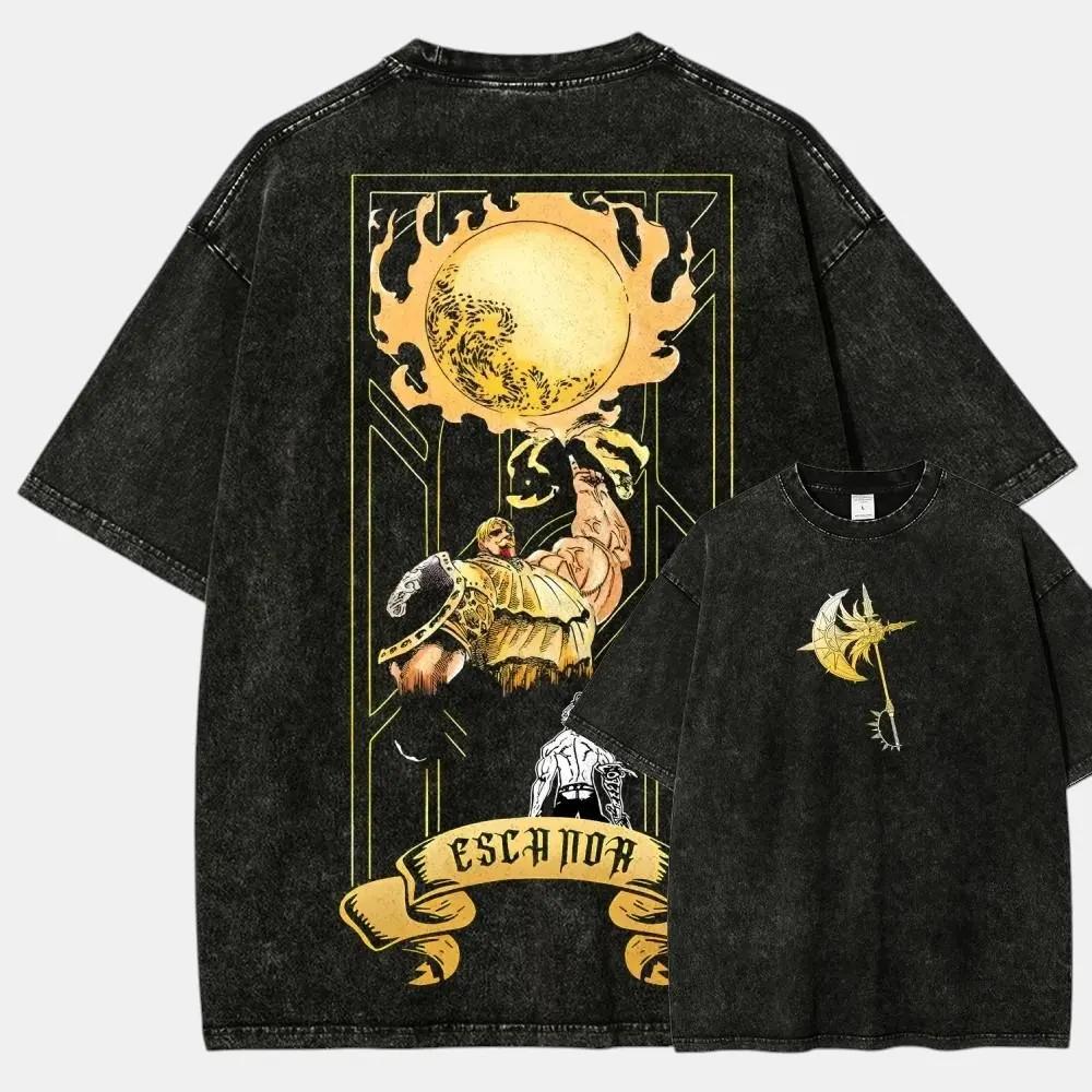 Double Sided Escanor The Seven Deadly Sins Vintage Washed Anime Tee Lion Sin of Pride Graphic Oversized Cotton Streetwear Casual Short Sleeve Tee Tops