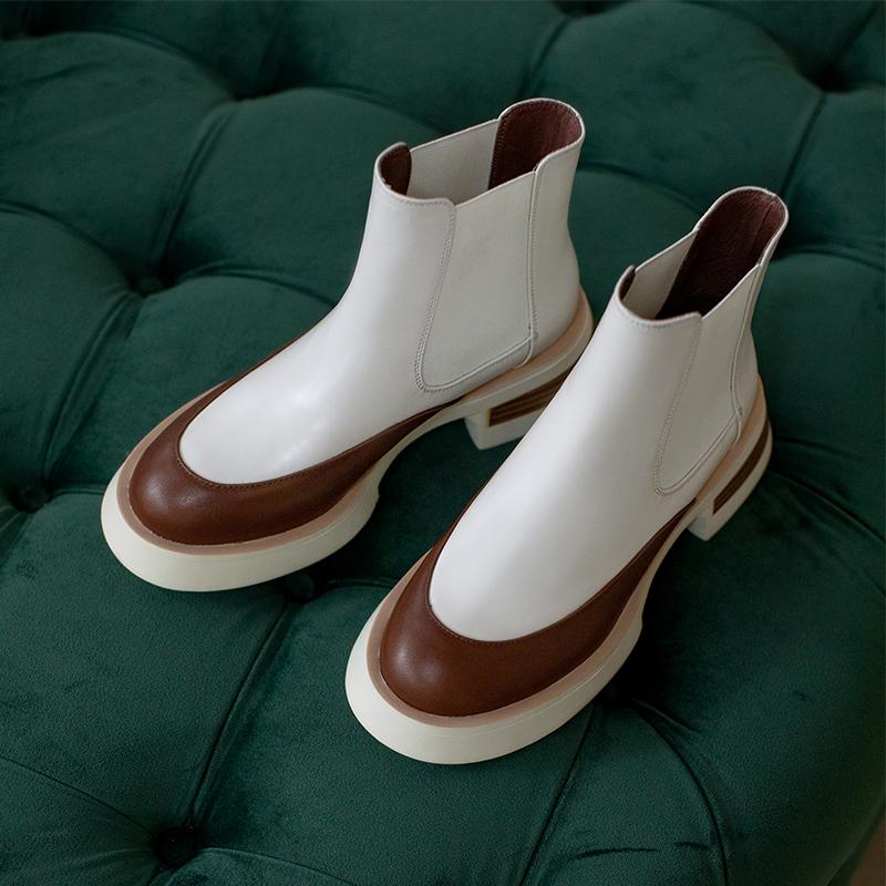 2024 Hot Sale Fashion Genuine Leather Shoes Women Chelsea Boots Stretch Slip on Comfortable Mid Heels Platform Ankle Boots Women