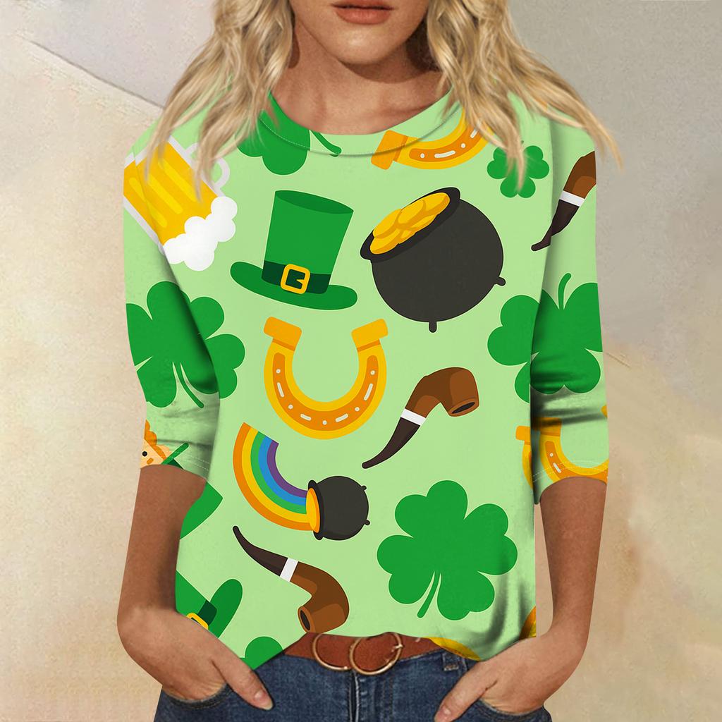 Damen Modisches Lässiges Dreiviertelarm Bedrucktes Rundhals-Top