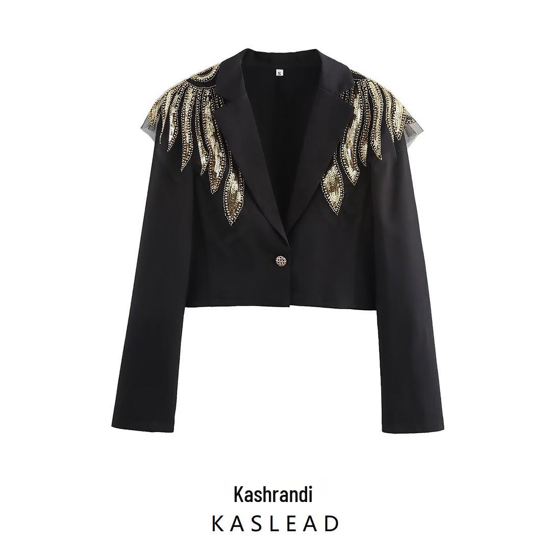 

Spring 2025 Women s European-American Style Fashion Beaded Wing Suit Collar Coat Medium