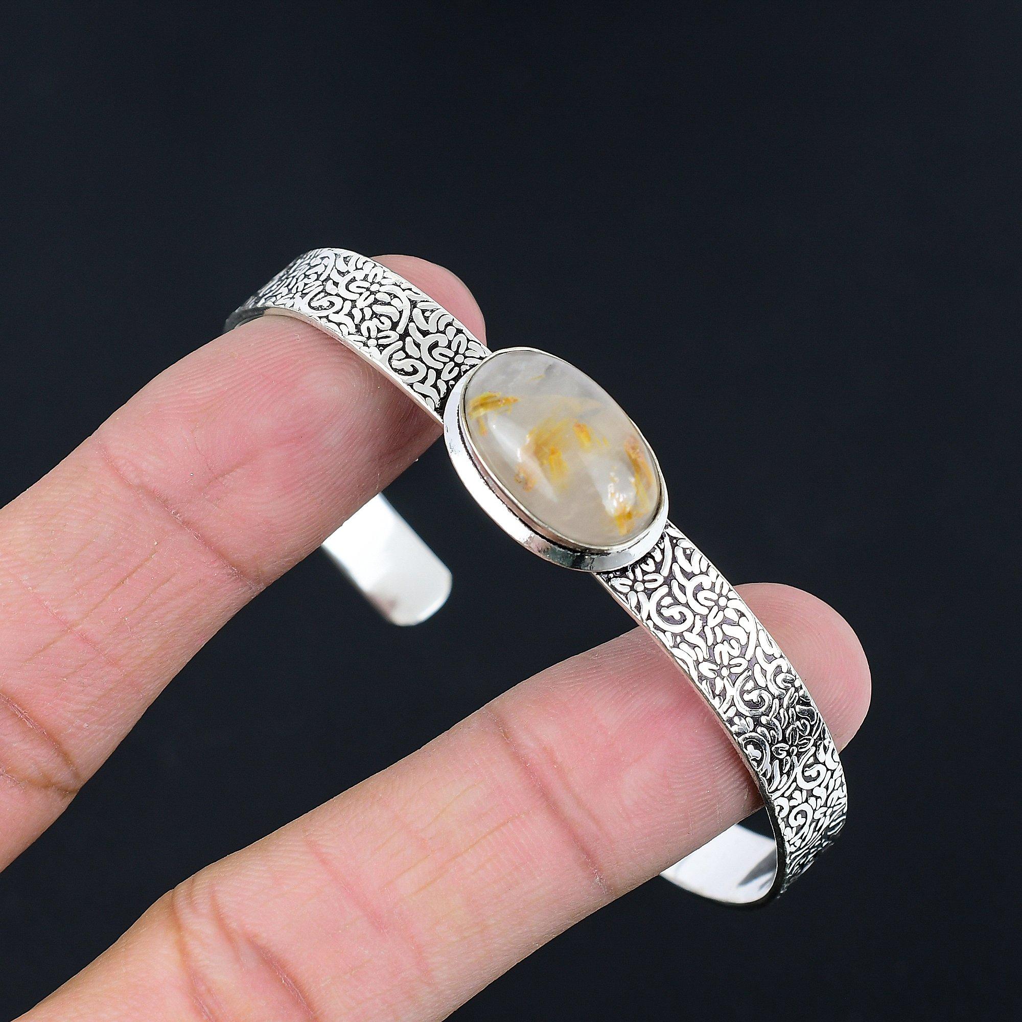 

925 Sterling Silver Oval Golden Rutile Stone Sister Art Deco New Bangle Bracelet Adjustable