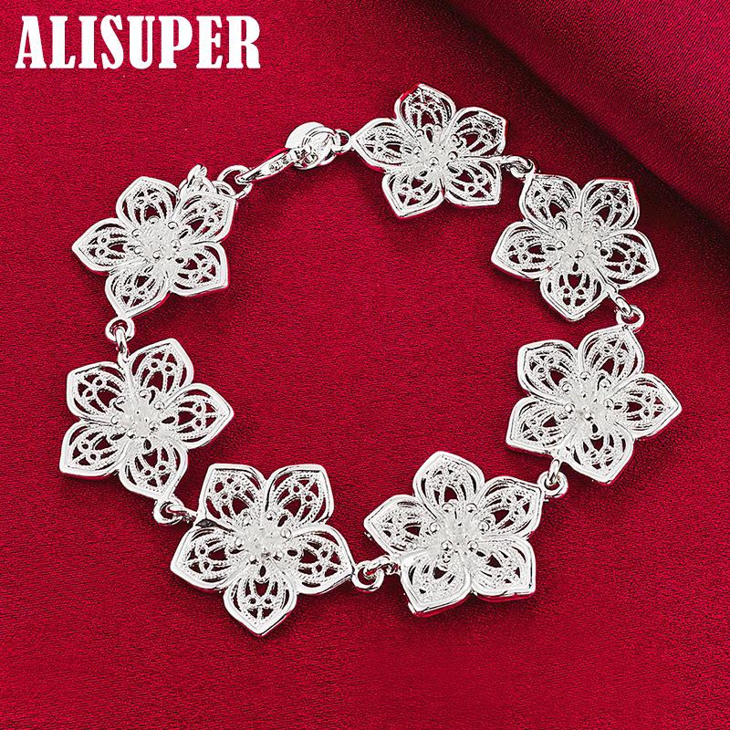 925 Sterling Silver Seven Flowers Bracelet Jewelry