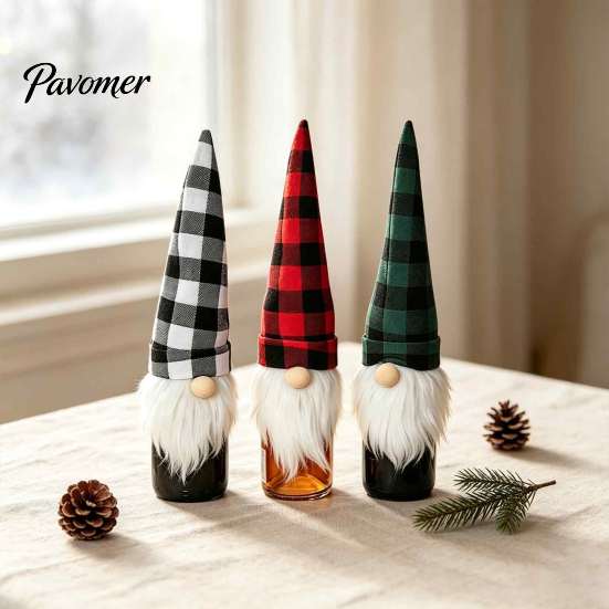 Cute Santa Gnome Ornament Christmas Wine Bottle Cover, Fluffy Artificial Beards Decor, Plaid Festive Kitchen Counter Decor Toppers for Holiday