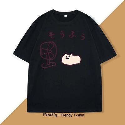 Simple Korean Style Fan Cat T-shirt Women Summer Casual Funny Oversize Round Neck Fashion Kawaii Short Sleeve Tops T-shirt
