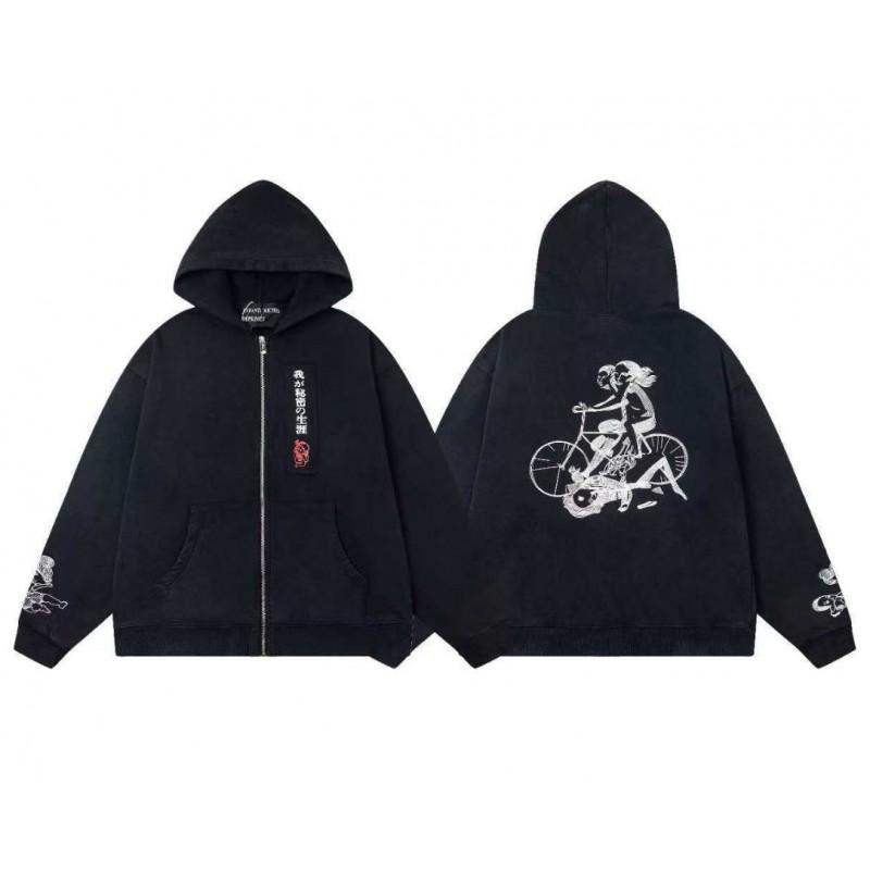 Mens Oversized Streetwear Hoodie With Distressed Zipper Graphic Print Cotton Long Sleeve Pullover Casual Wear