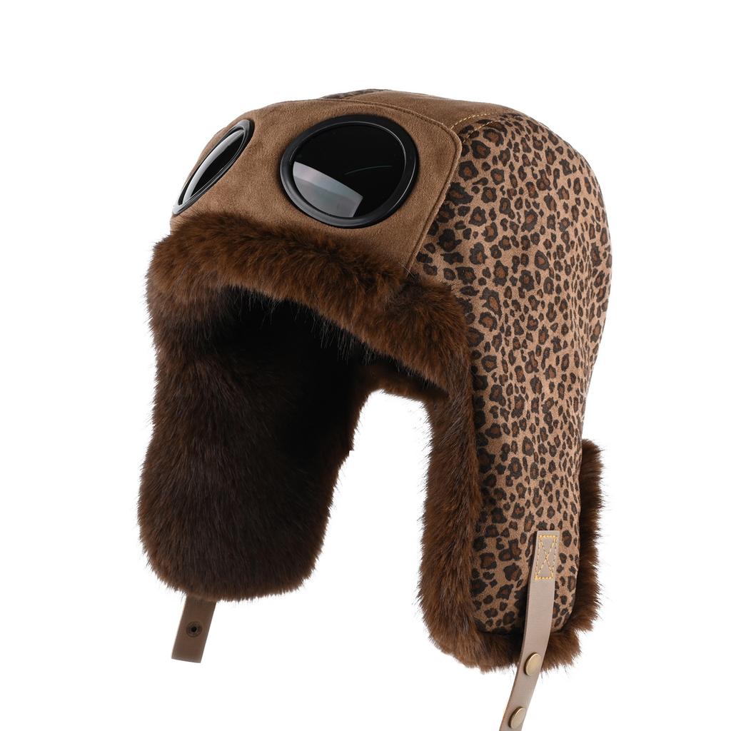 Leopard Print Goggles Cap Men and Women Winter Velvet Thickened Warm Pilot Hat Cycling Ear Protection Hat