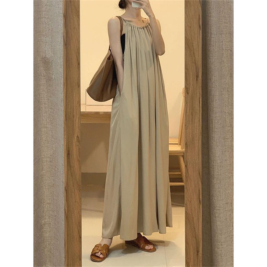 Coffee Break French Chic Neck Sling Dress Art High-end Temperament Khaki Sleeveless Vest Skirt Children