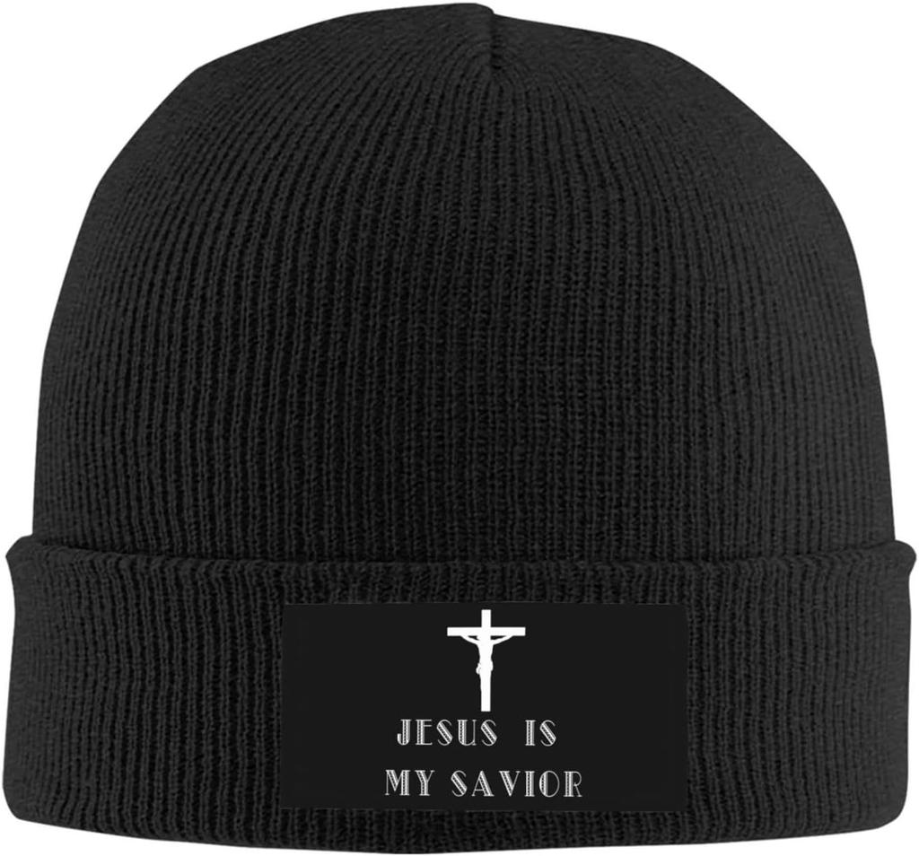 Black Knitted Beanie with Faith Over Fear  Cross Patch Religious Inspirational Winter Warm Skull Cap for Unisex Women