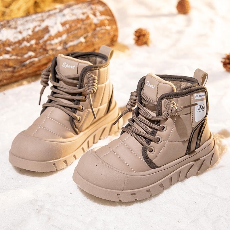 

2024 New Winter Children Snow Boots For Boys Leather Waterproof Warm Fur Rubber Sole Fashion Girls Boots size26-37 37(insole 22cm) хаки