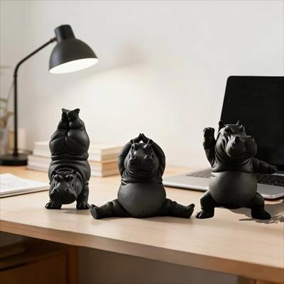 3 Stück Ruhige Tier-Yoga-Nilpferd-Statue Kunststoff-Nilpferd-Ornament Nilpferd-Figuren Schreibtischdekoration