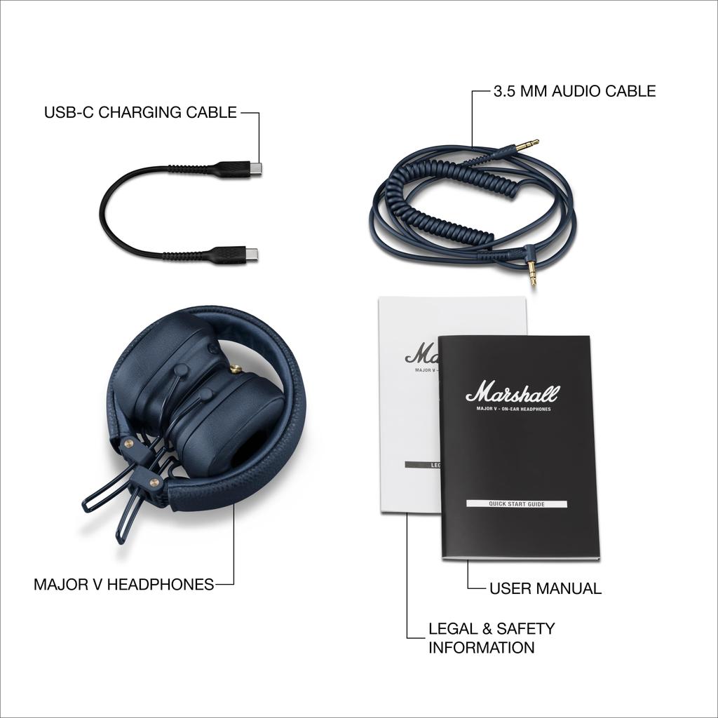 Marshall Wireless On-Ear Headphones Major V Midnight Blue Bluetooth 100H Qi Charging Call Function