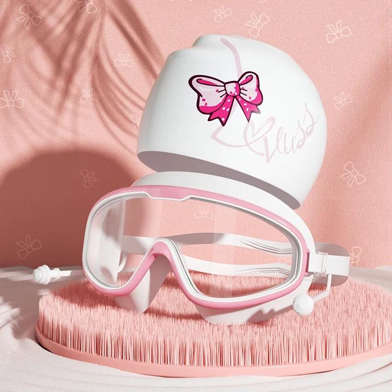Swimming Goggles Waterproof Anti-fog HD Professional Women Large Frame Swimming Goggles Diving Swim Cap Set Equipment Bow