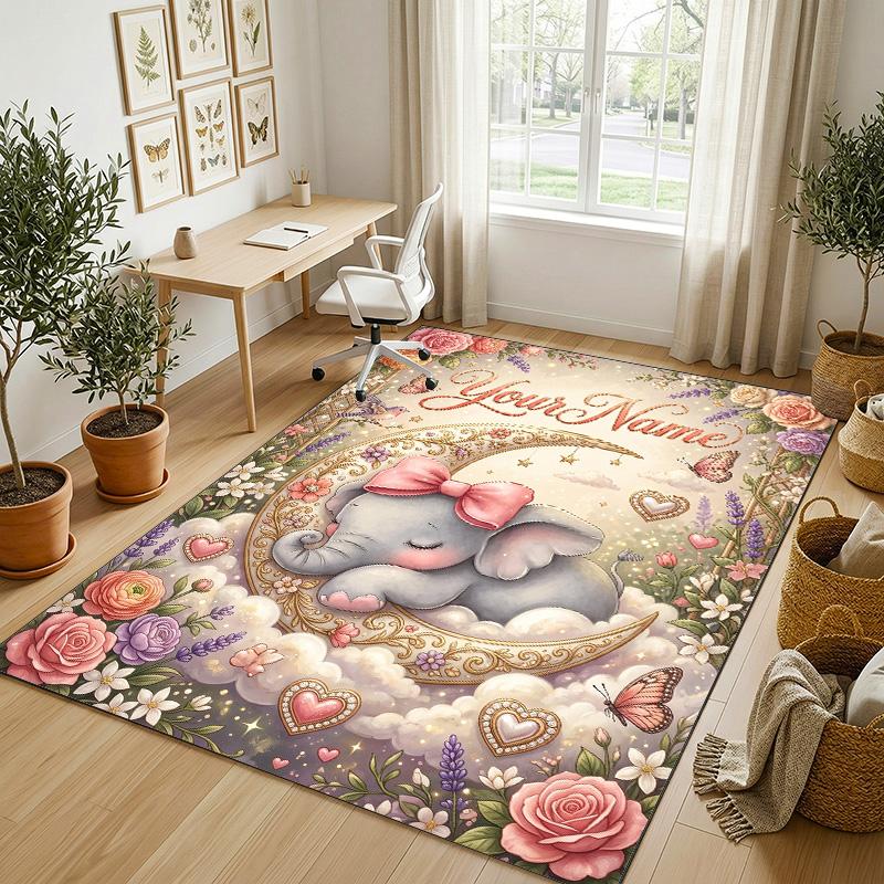 Elephant Theme Crystal Velvet Rug Personalized Custom Name Text Soft Floor Mat Home Decor