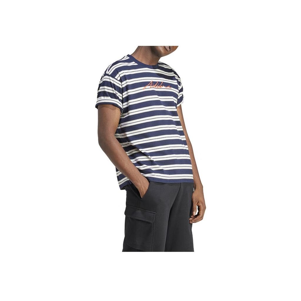 Adidas Embroidered Letter Stripe Crew Neck Casual Pullover Short Sleeve T-Shirt Men Tops Blue IN6483