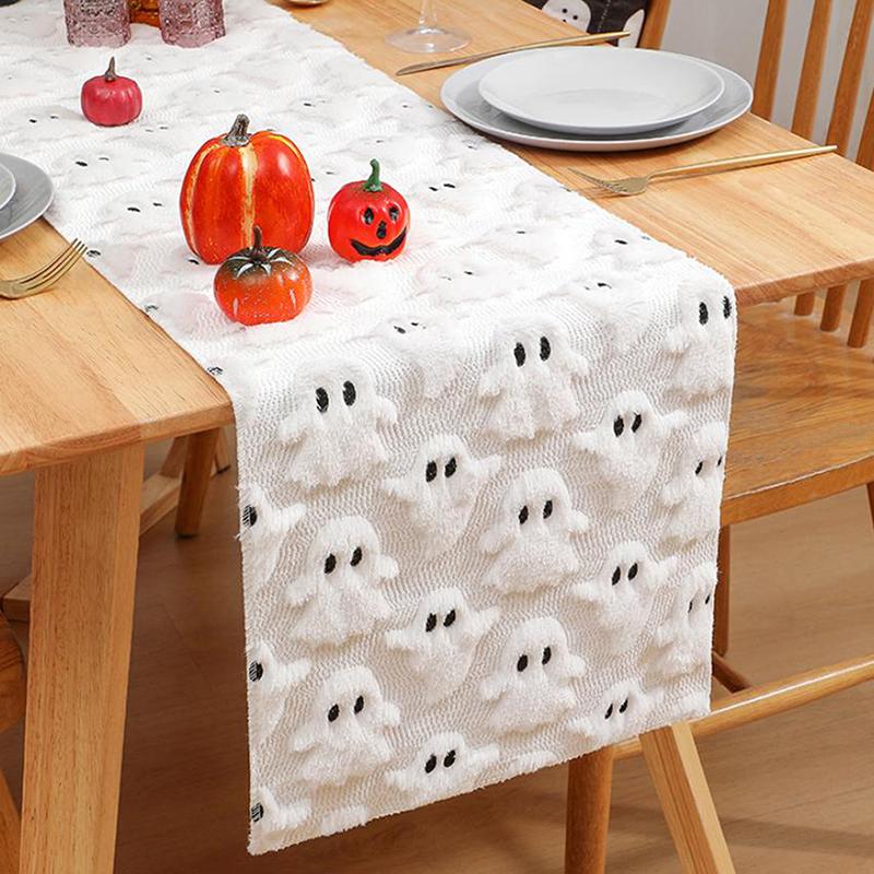 Față de masă de lux, brodată cu dovleac și fantomă cu ochi negri, tridimensională, pentru petreceri