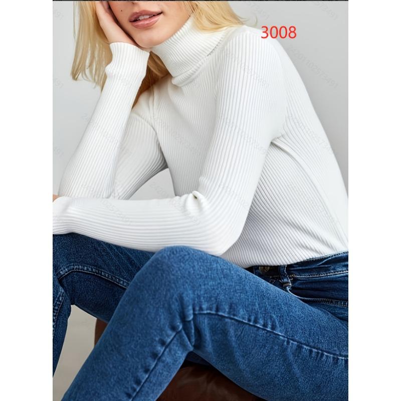 women s Ribbed Turtleneck Long Sleeve Slim Fit Knit Top Solid Color Stretchy Basic Sweater Autumn Thermal Shirt S белый
