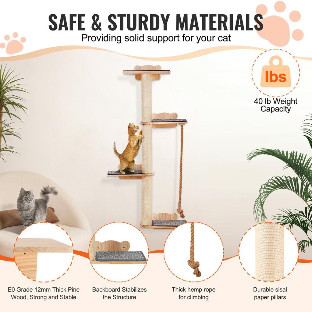 Wall Mounted Cat Shelves Tree with Platform Tree-Shaped Cat Furniture