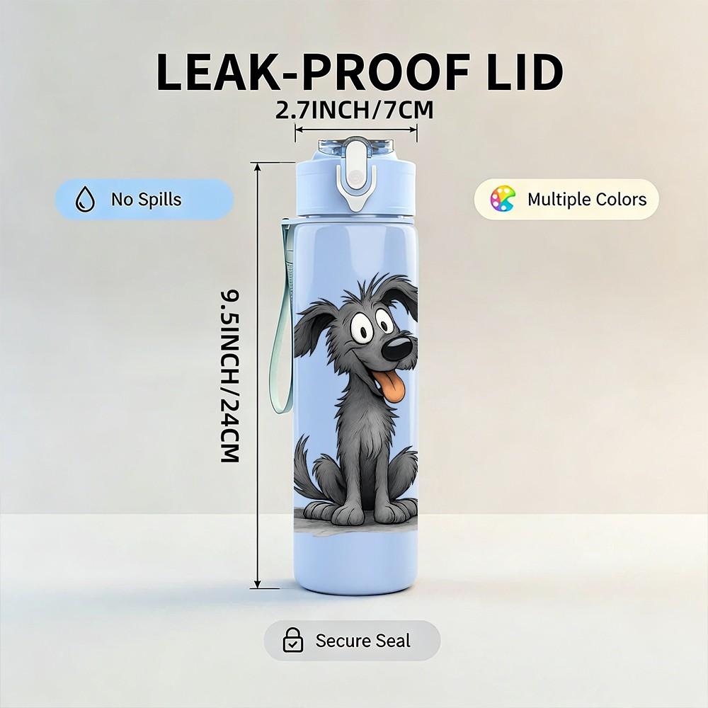 1PC Cute Grey Dog Cartoon 750ml Color Plastic Sports Water Bottle Leakproof Flip Straw Lid Suitable for Sports Office Home Use
