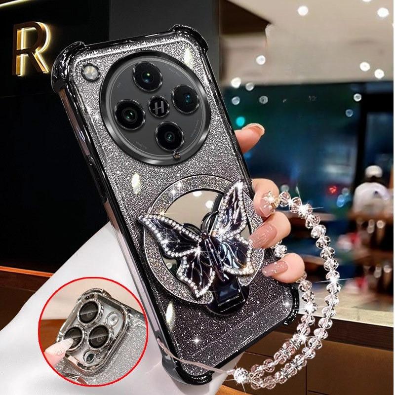 

Glitter Butterfly Mirror Crystal Bracelet Case For PPO Find X8 Pro X8S Plus X7 Ultra Shockproof Plating Silicone Cover Oppo Find X8 Pro