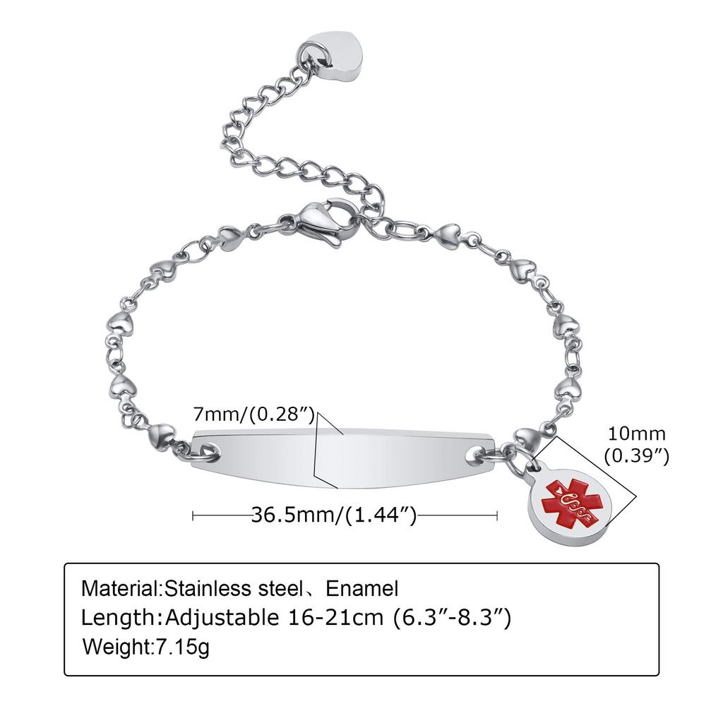Bracciale ID di Allerta Medica Smaltato Personalizzato Acciaio Inossidabile Maglia Rolo Braccialetto Sottile per Donne Regolabile 7.6"