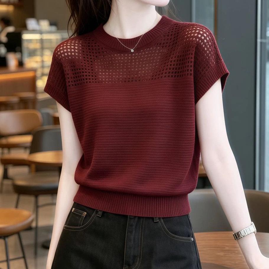 Wine Red Round Neck Hollow Knit Sweater - Stylish Age-Reducing Summer Top for Women 2026