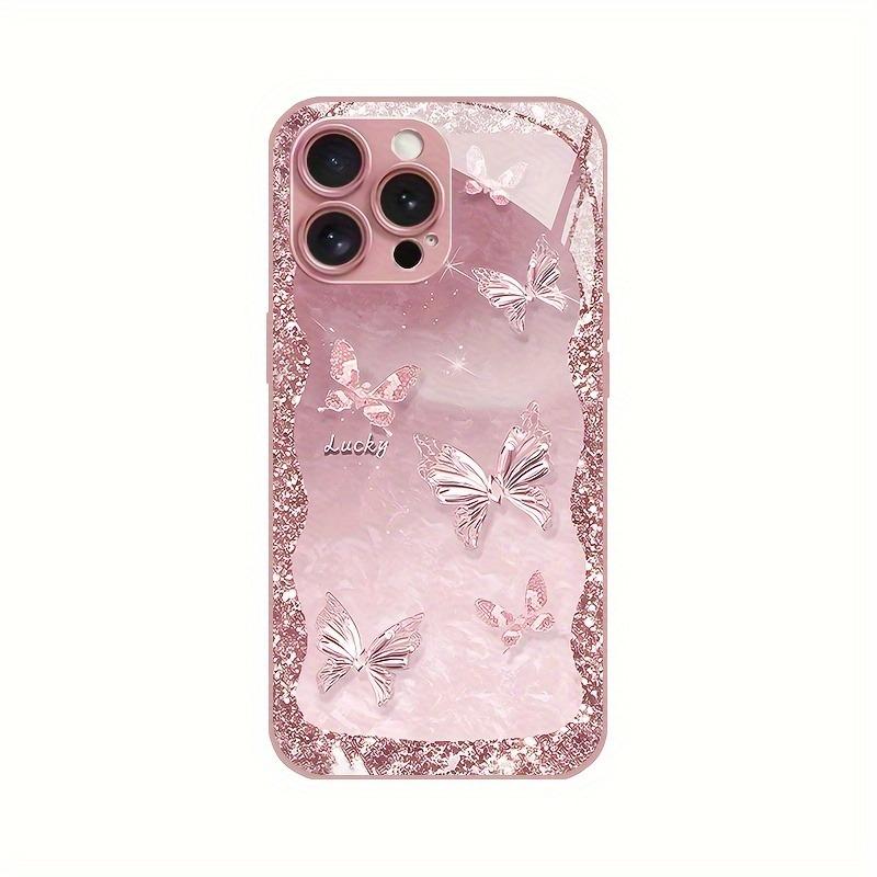 Glücksschmetterlingsmuster Rosa Metallic Gehärtetes Glas Handyhülle Für iPhone 17 16 15 14 13 12 11 Pro Max 15 Plus 17 Air 16E Hülle