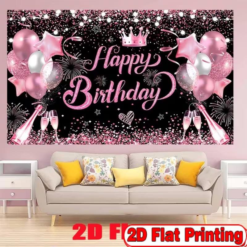 

2D Pink Black Birthday Photography Background, Happy Birthday with Champagne and Star Decor Banner 47.2x31.5inch/120*80cm