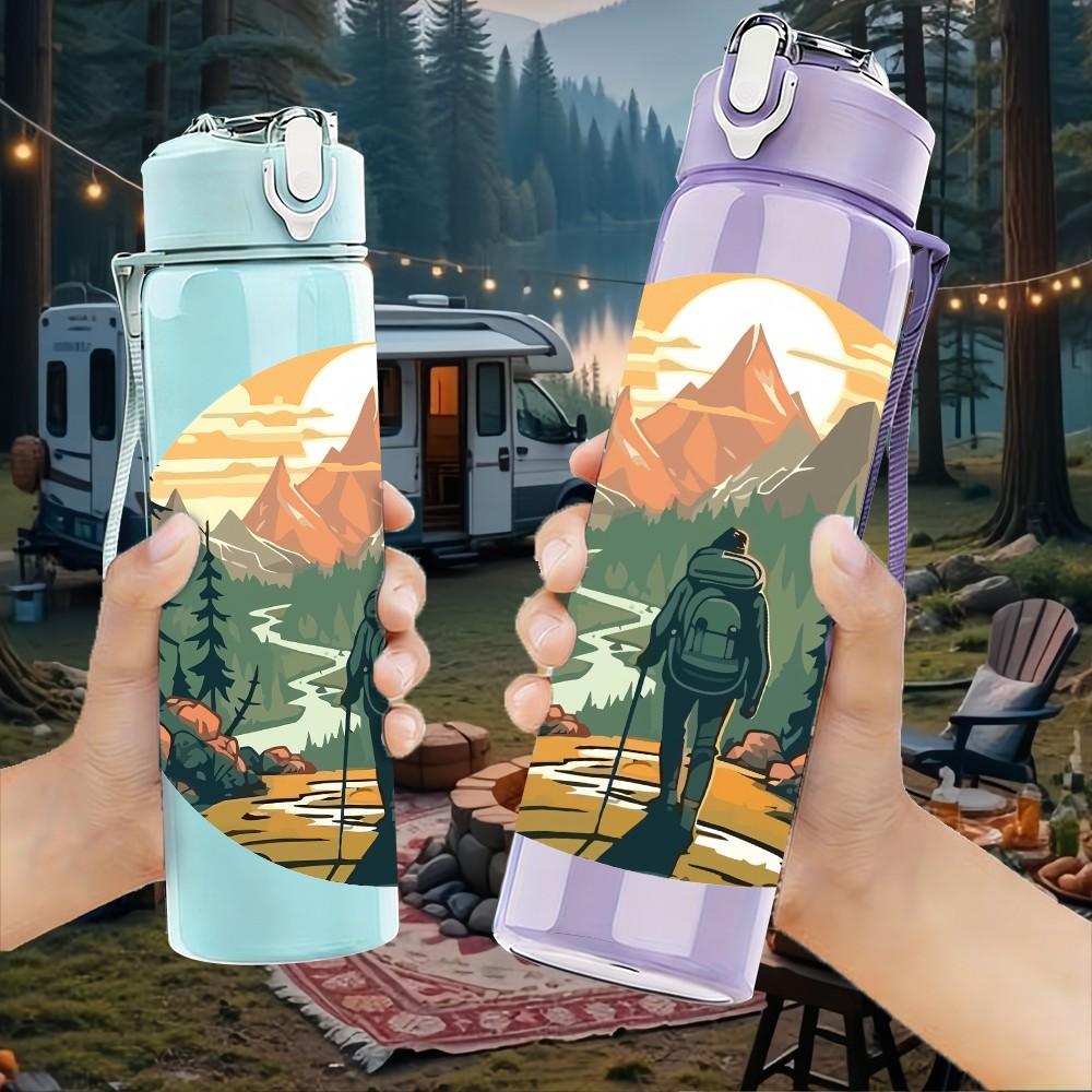 1PC Mountain Forest Scenery Landscape Print 750ml Color Plastic Sports Water Bottle Leakproof Flip Straw Lid Suitable for Sports Office Home Use