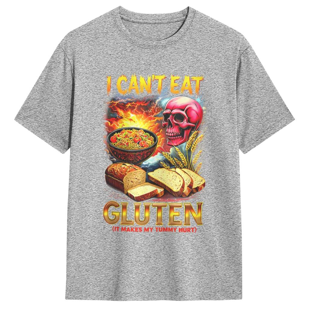 Men's T-Shirt I Can't Eat Gluten It Makes My Tummy Hurt Breakfast Bread T Shirts Hip Hop Summer Tees Funny Casual Cotton Tops