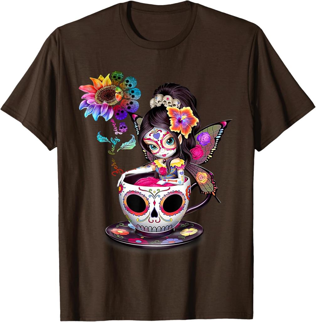 Sugar Skull  Riding Teacup Rainbow Sunflower Day Of The Dead Graphic Tee Casual Cotton T-Shirt
