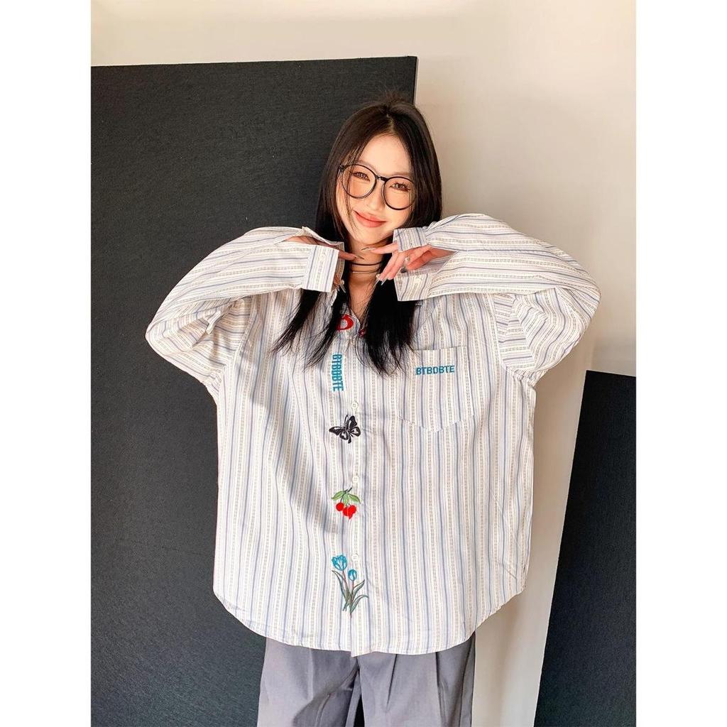 Unisex Retro Striped Long-Sleeve Embroidered Shirt: Versatile Casual Wear for Spring & Autumn