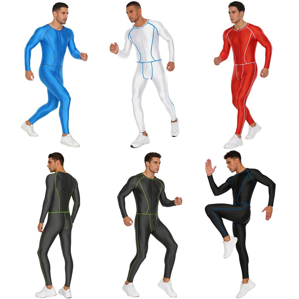 Glänzender Kompressions-Jumpsuit für Herren, Slim Fit, Außen mit flachen Nähten, Reißverschluss vorne, Langarm, Lange Hosen, Yoga-Romper