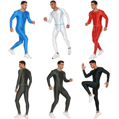 Mens Glossy Compression Jumpsuit Slim Fit Outer Flat Seams Front Zip Long Sleeve Long Pants Yoga Rompers