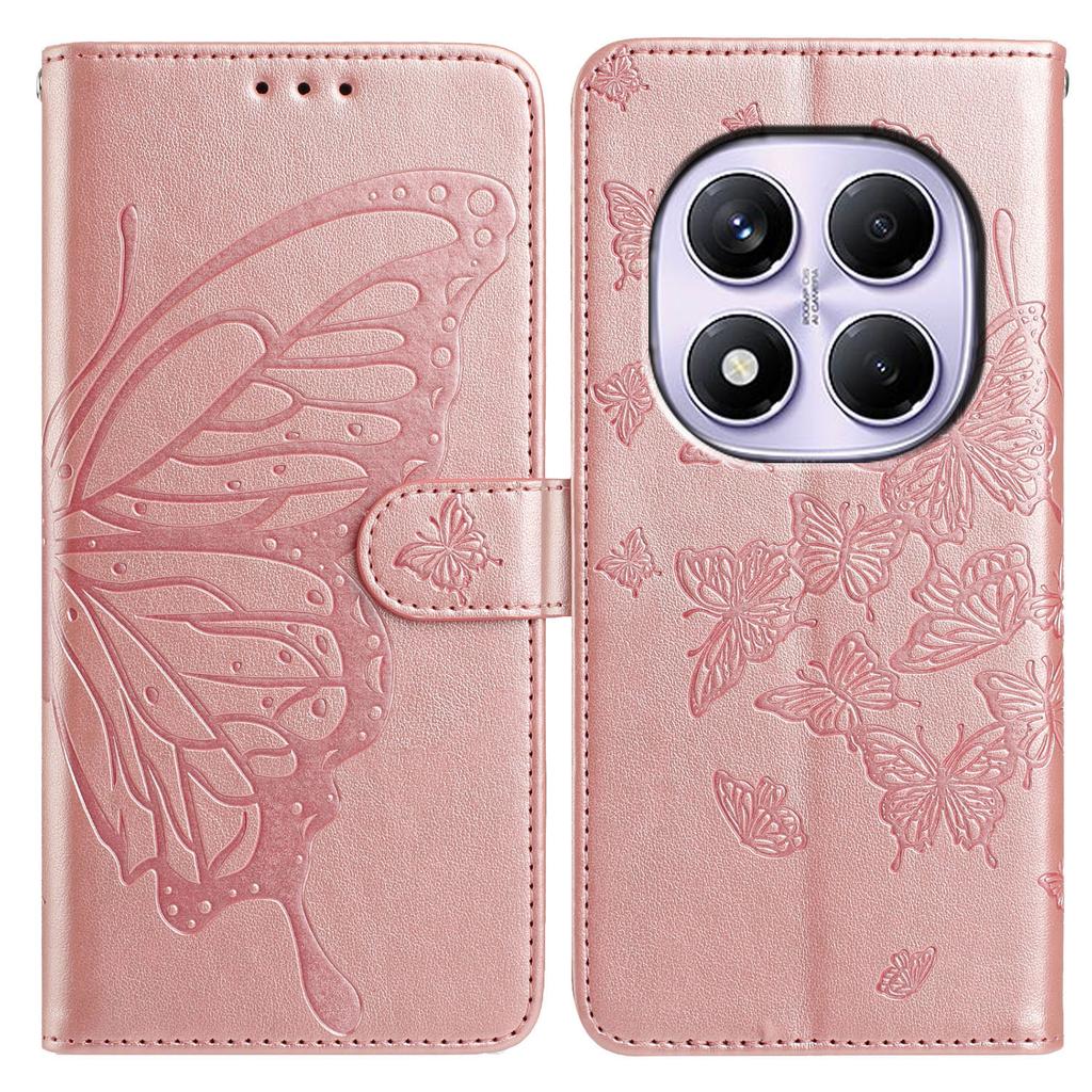 Brieftaschenhülle für Xiaomi Redmi Note 14 Pro 5G/14 Pro 4G/14 Pro+ 5G/Poco X7 5G PU-Leder Handyhülle mit Schmetterlingsprägung und Trageriemen