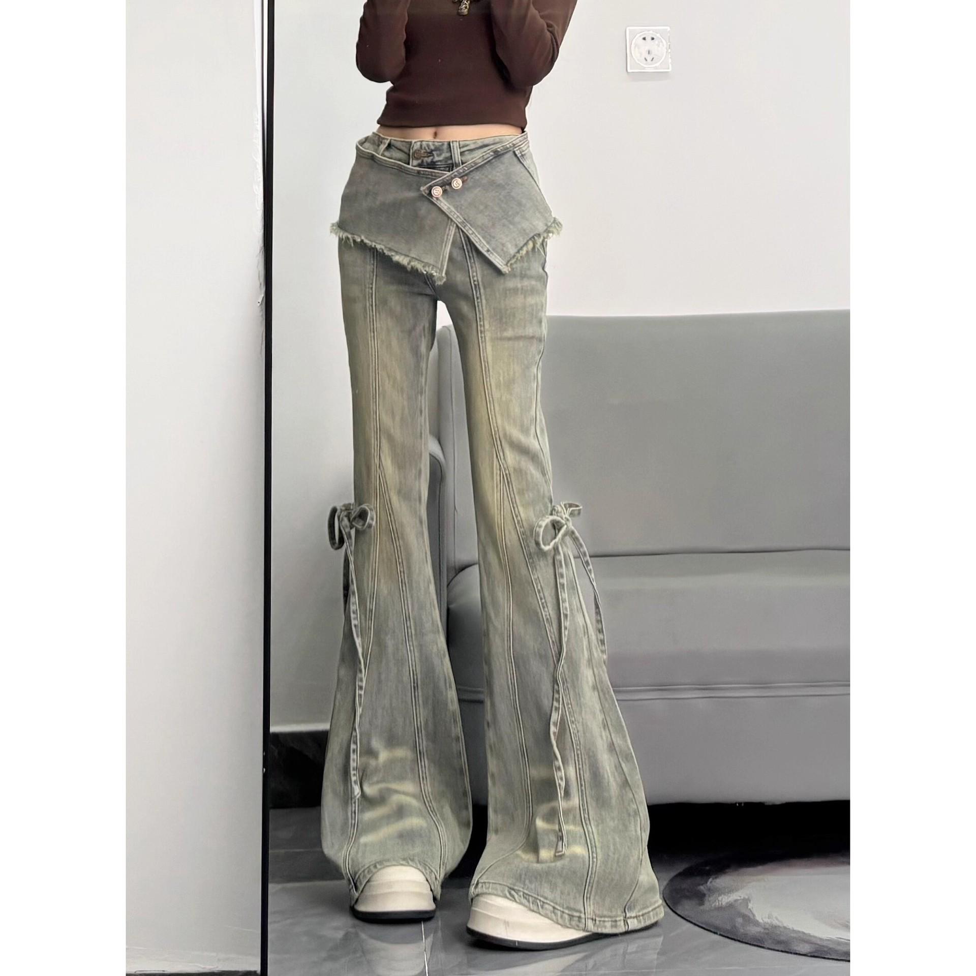 Distressed Two-Piece Look Micro-Flare Women s Jeans - Spring/Autumn Slim Fit Floor-Length Pants Small