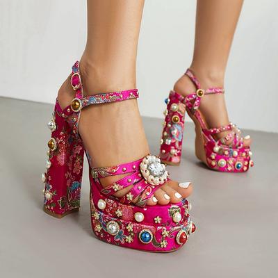 Fashion Women's New Summer Sandals Waterproof Platform Thick Bottom Water Diamond Pearl Rivet Flower Satin Open Toe High Heel Large