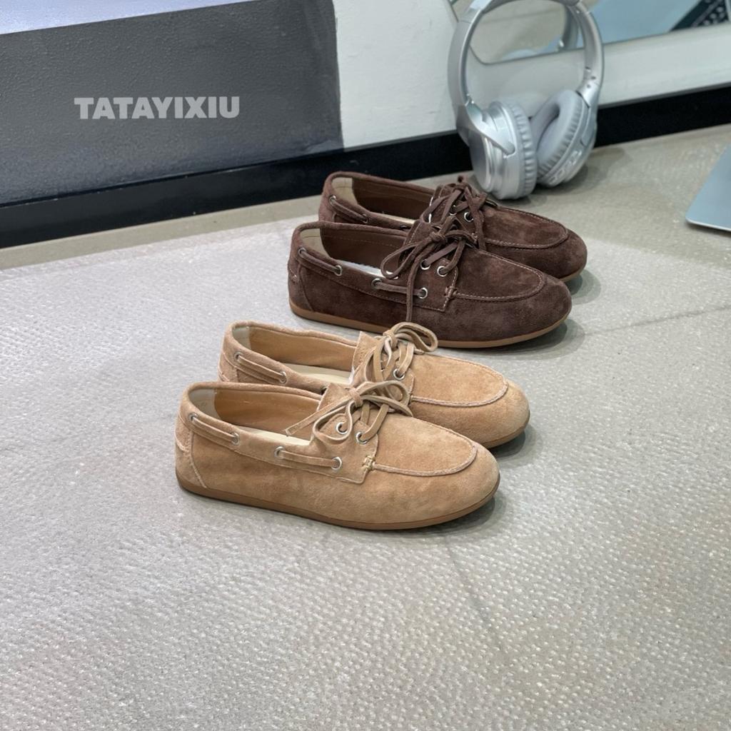 French retro leather soft-soled Doudou shoes 2025 spring and autumn new round head lace-up versatile casual loafers grandma shoes