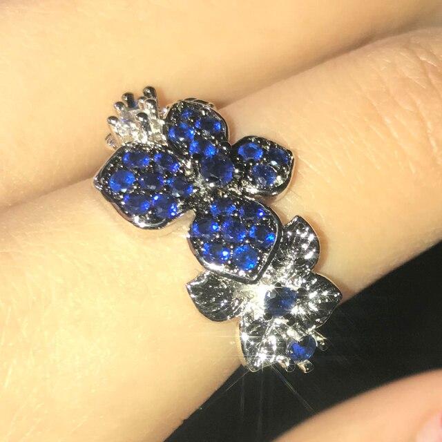Shiny Blue Flower Zircon Ring For Women Engagement Wedding Ring