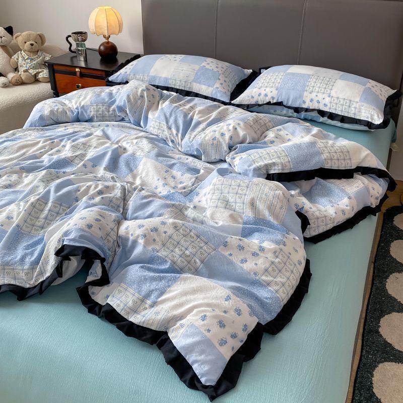 INS French Style Floral Simple Black Lace Double Layer Gauze Bedding Set Washed Cotton Bed Sheet Fitted Sheet Fresh Quilt Cover